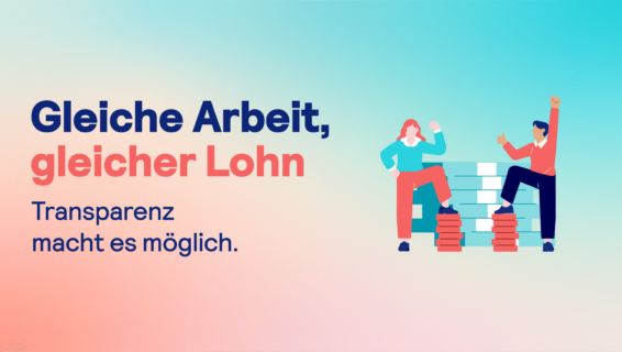 Zwei Illustrationen zeigen einen Mann und eine Frau, die jeweils ein Bein auf einen Stapel Geldmünzen stellen. Daneben steht der Text: „Gleiche Arbeit, gleicher Lohn.“