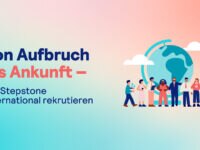 Illustration für internationales Recruiting: Rechts steht eine diverse Gruppe von acht Personen unterschiedlichen Geschlechts und verschiedener Hautfarben vor einem großen Globus. Links steht der Text „Von Aufbruch bis Ankunft – mit Stepstone international rekrutieren“ auf einem Hintergrund, der von Hellblau unten zu Rosa oben verläuft.