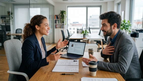 Recruiterin und Hiring Manager diskutieren das Skill-Profil für eine offene Rolle. KI-generiertes Bild.